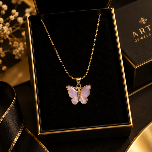 Pink Butterfly Pendant – Elegant Gold-Tone Necklace for Women