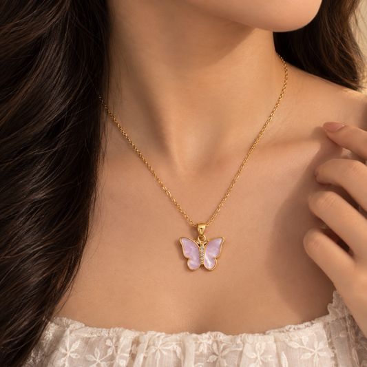 Pink Butterfly Pendant – Elegant Gold-Tone Necklace for Women