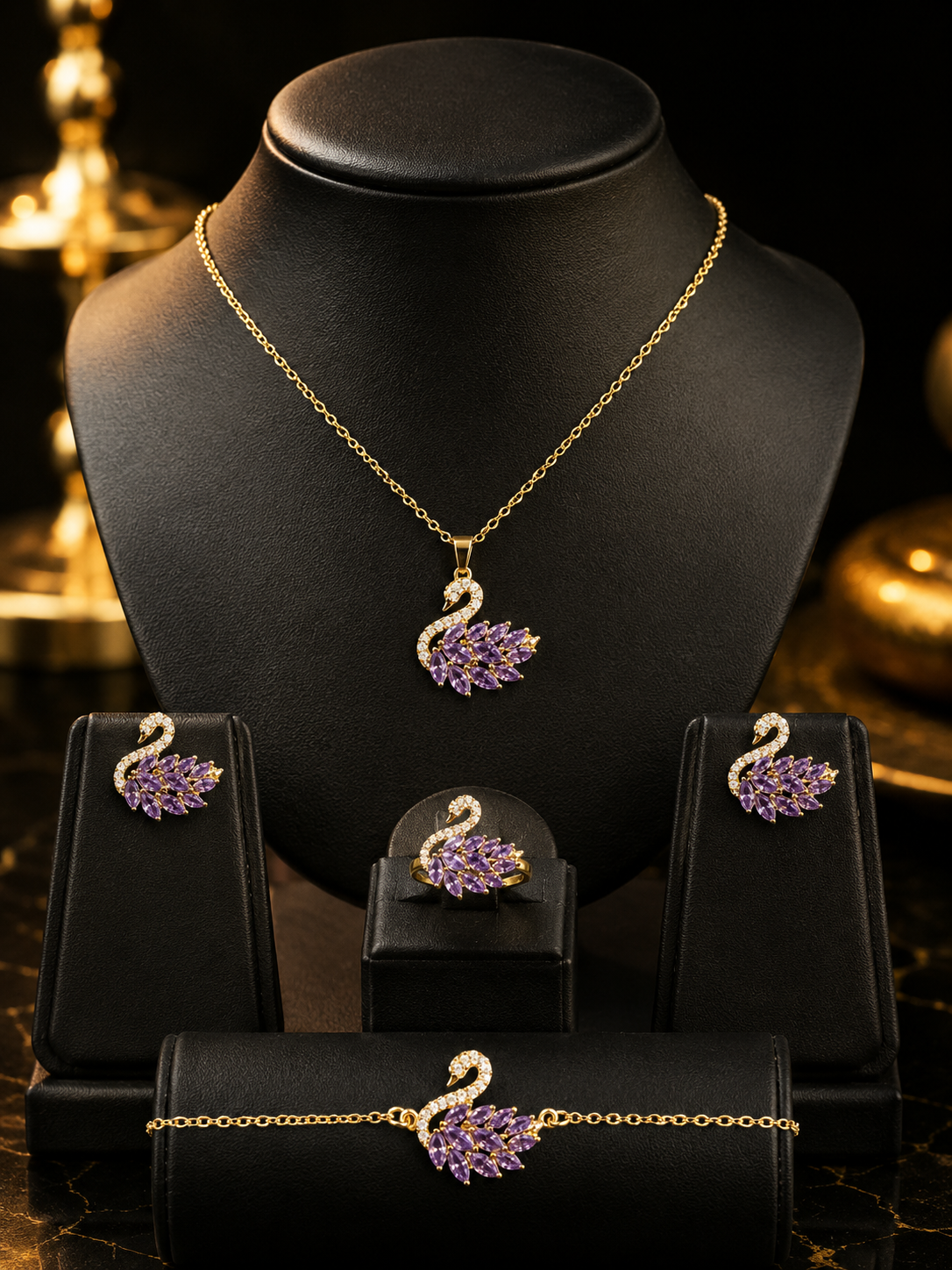 Stainless Steel Purple Swan Necklace & Jewelry Set