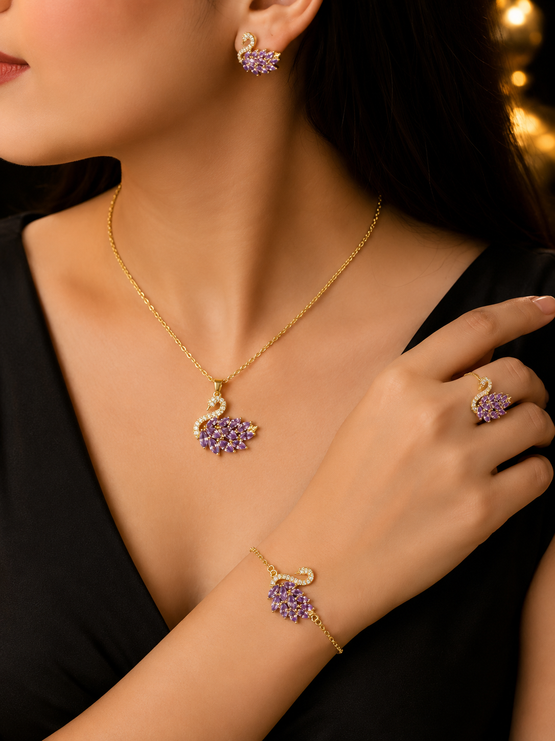 Stainless Steel Purple Swan Necklace & Jewelry Set