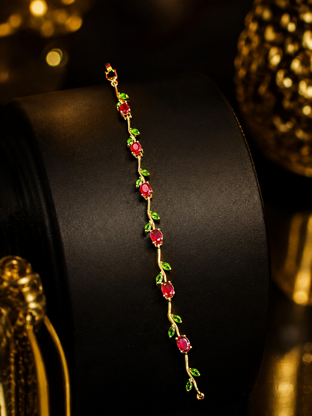 Red Ruby Green Leaf Vine Bracelet