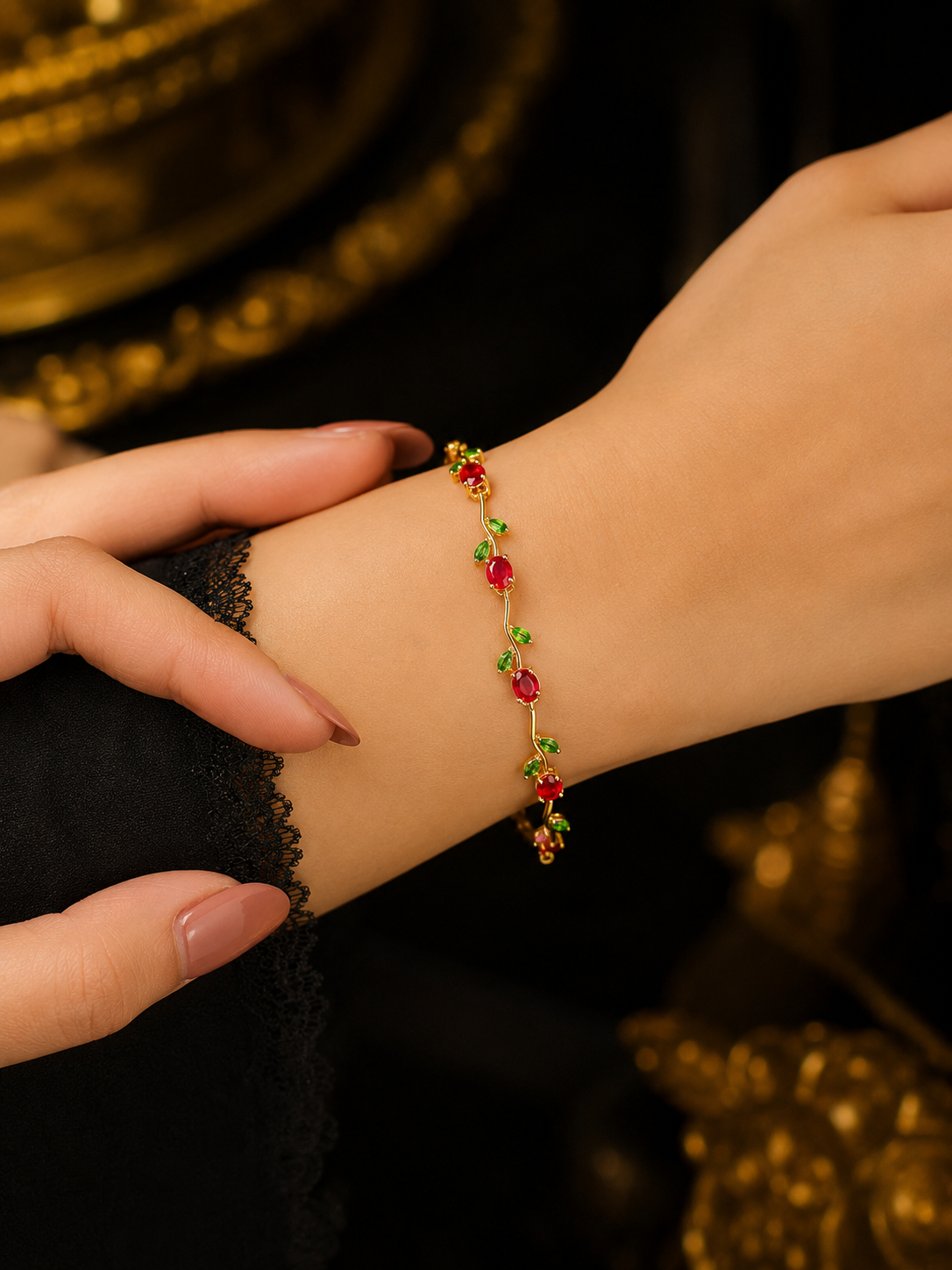 Red Ruby Green Leaf Vine Bracelet