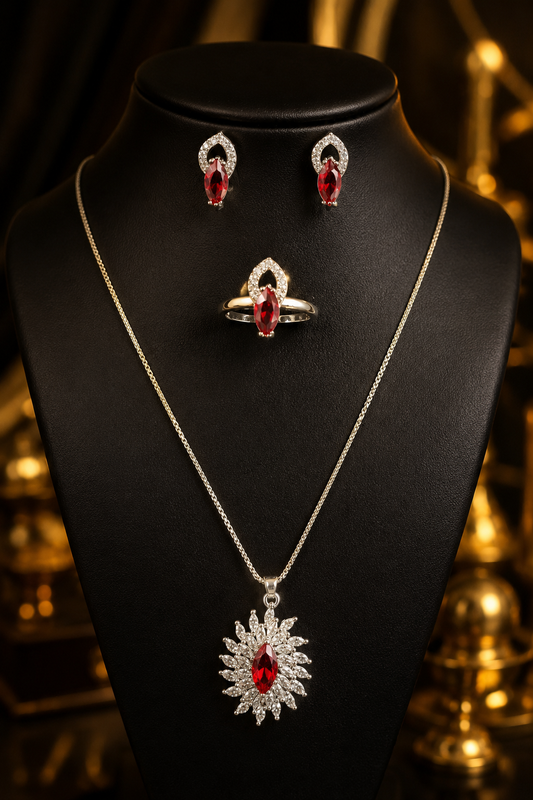 Red Ruby Necklace Earrings Ring Set