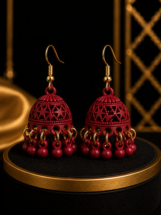 Red Star Pattern Gold Jhumka Earrings