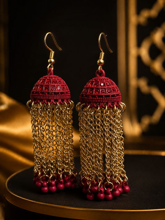 Red & Gold Long Chain Jhumka Earrings