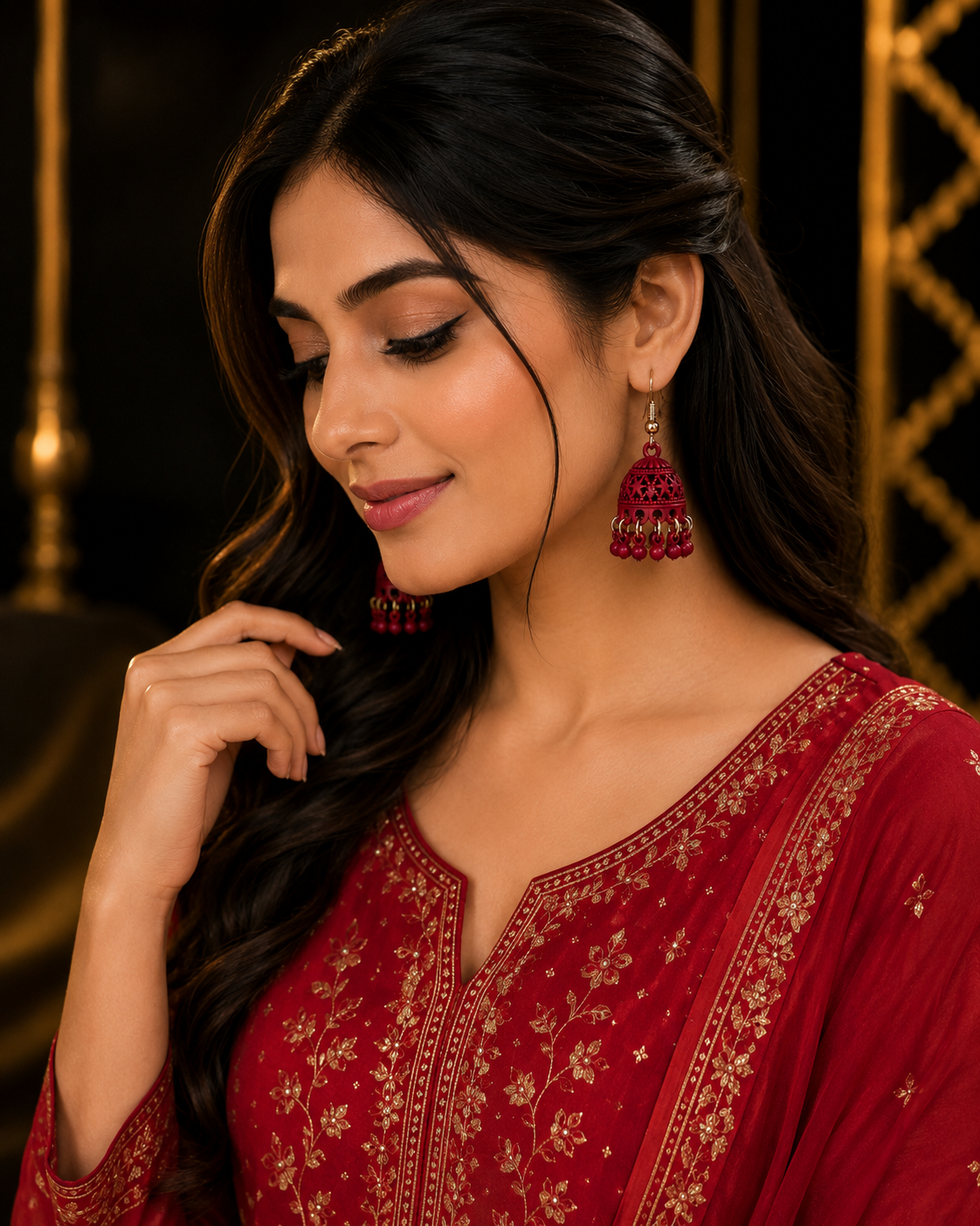 Red Star Pattern Gold Jhumka Earrings