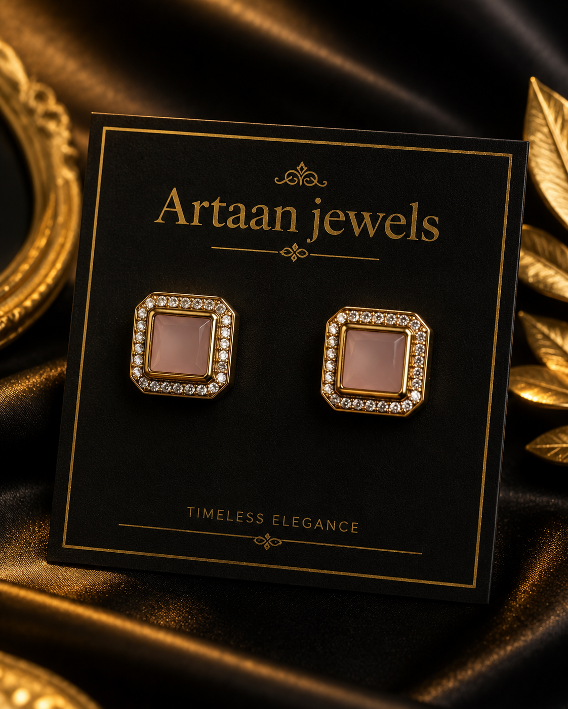 Rose Pink Square Stud Earrings for Women – Gold Crystal Border Earrings