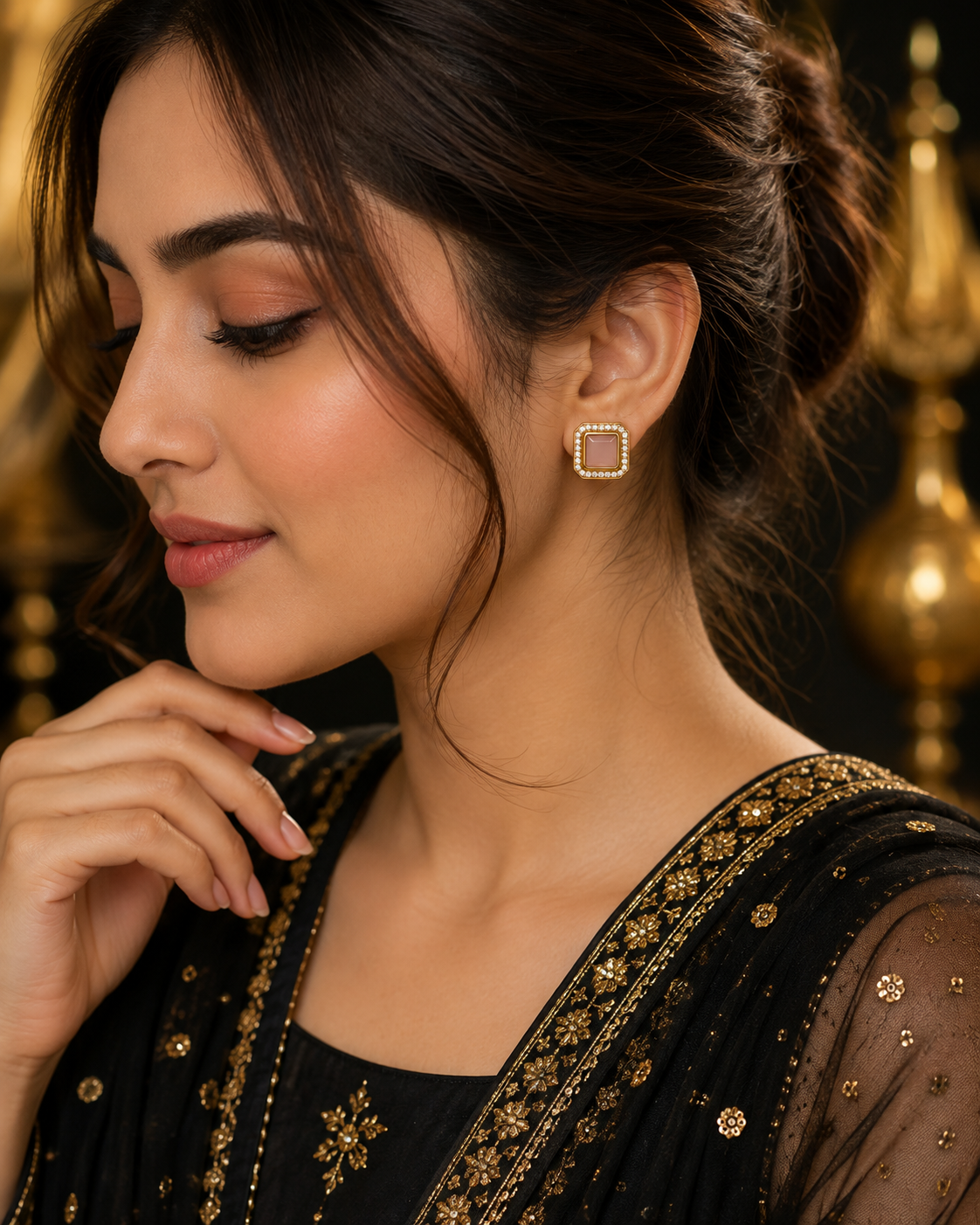 Rose Pink Square Stud Earrings for Women – Gold Crystal Border Earrings