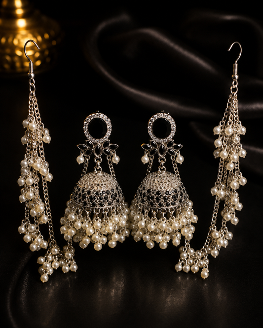 Black Pearl Jhumka Earrings for Women – Silver-Tone Chandelier Statement Jewelry
