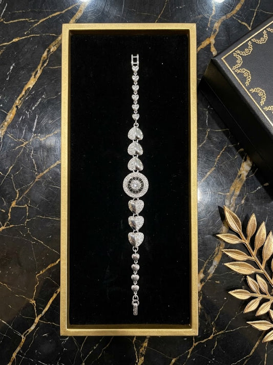 Silver Evil Eye & Heart Link Bracelet with Sparkling Zirconia