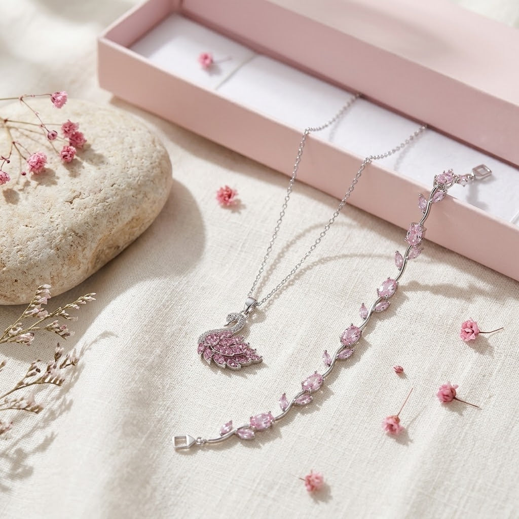 Silver With Pink Swan & Tulip Combo