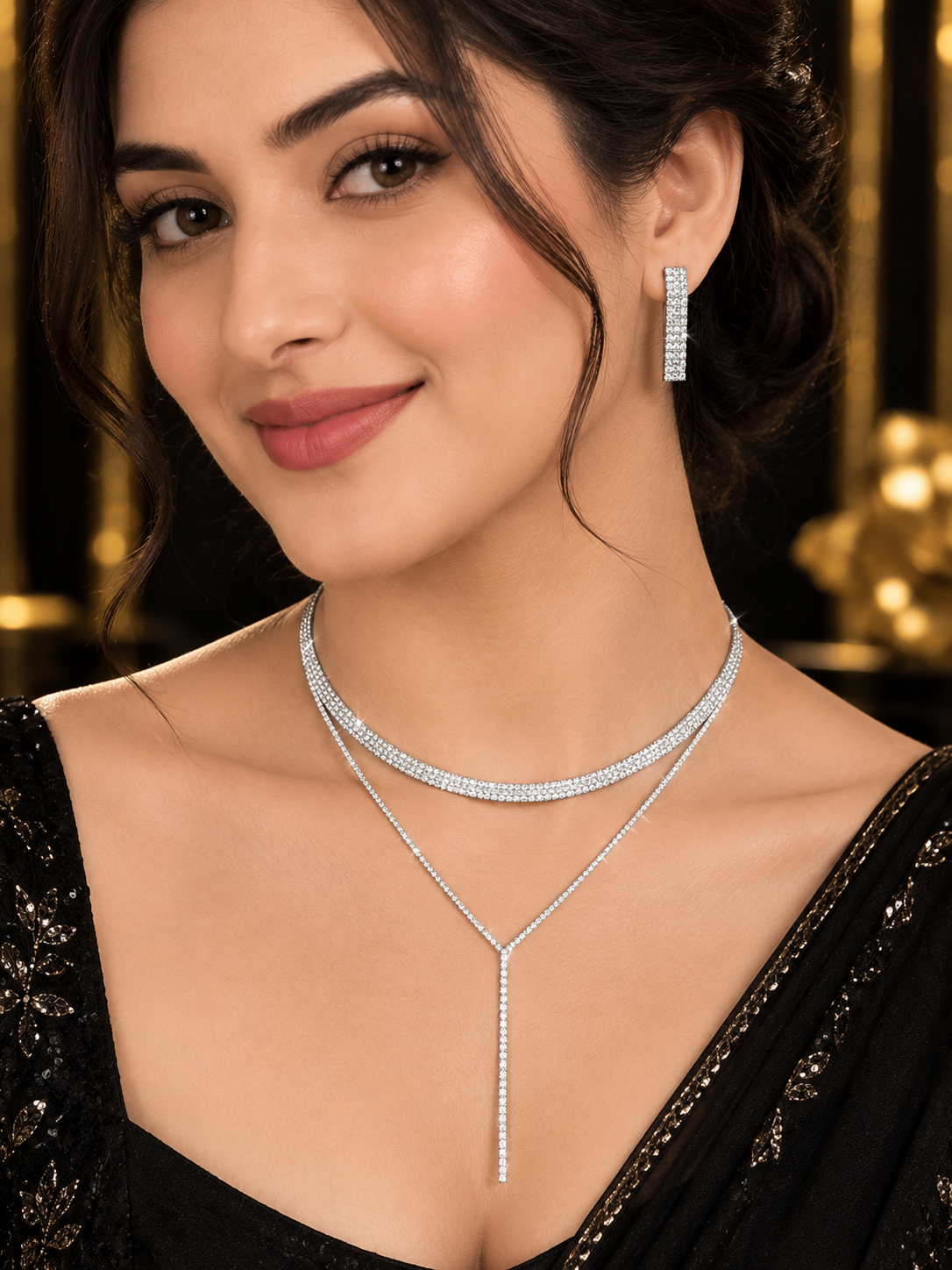 Rhinestone Layered Necklace & Earrings Set