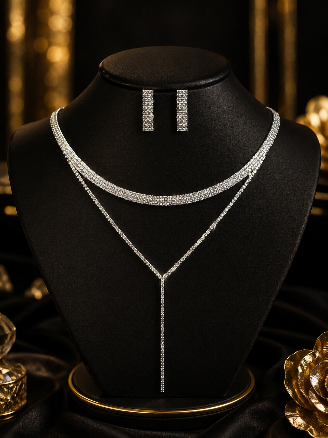 Rhinestone Layered Necklace & Earrings Set