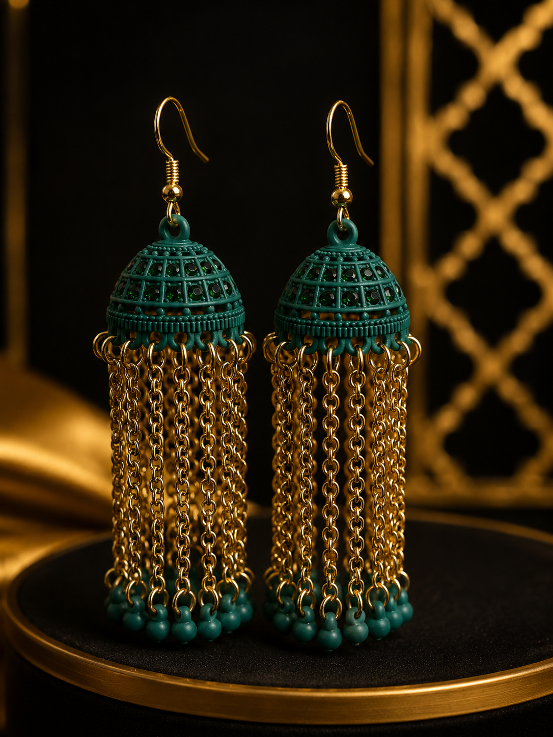Teal & Gold Long Chain Jhumka Earrings