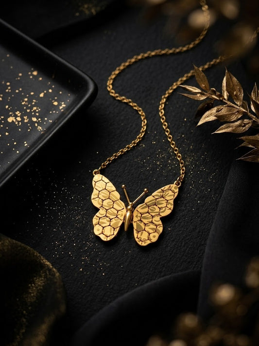 Textured Golden Butterfly Necklace  Non-Tarnish Stainless Steel