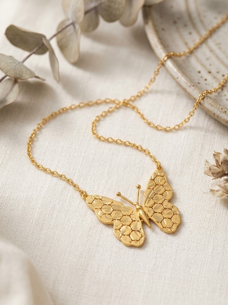 Textured Golden Butterfly Necklace  Non-Tarnish Stainless Steel