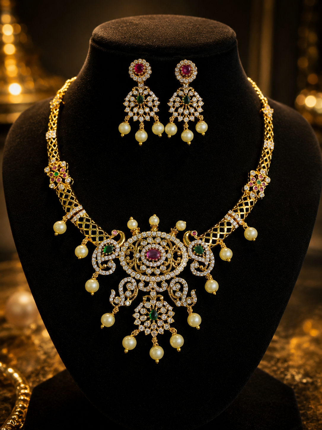Traditional Gold Necklace Set with Pearl Earrings