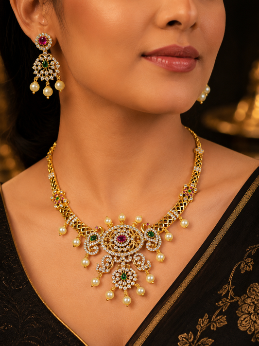 Traditional Gold Necklace Set with Pearl Earrings