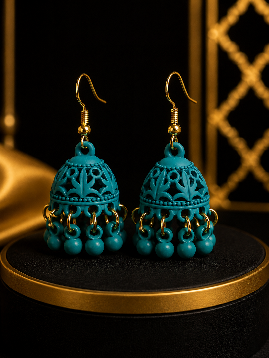 Turquoise Gold Floral Jhumka Earrings