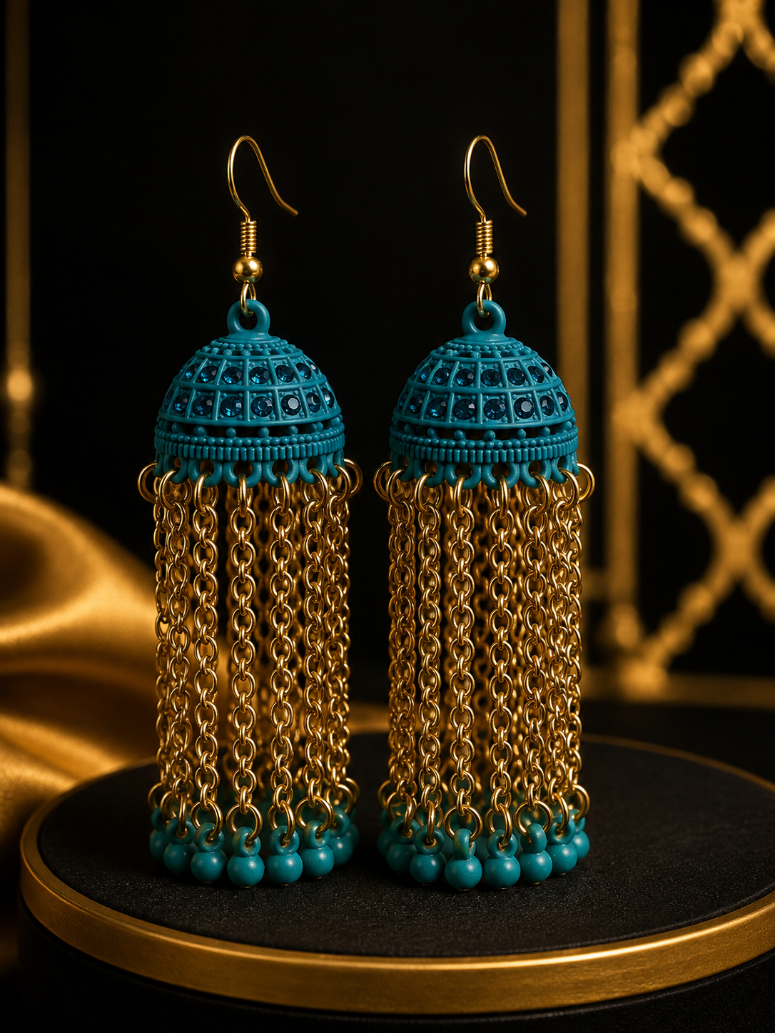 Turquoise & Gold Long Chain Jhumka Earrings
