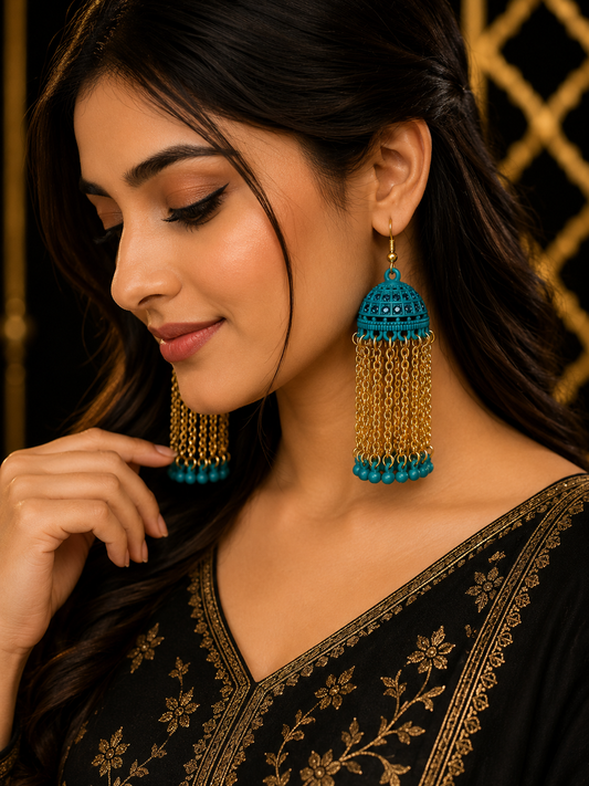 Turquoise & Gold Long Chain Jhumka Earrings