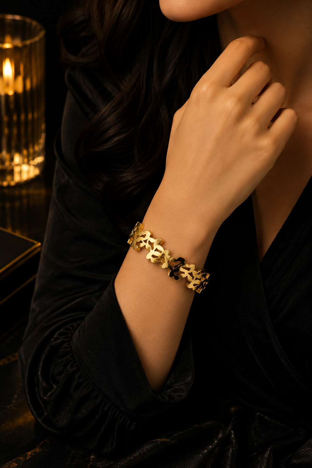 Stainless Steel Gold Plated Leaf Link Bangle