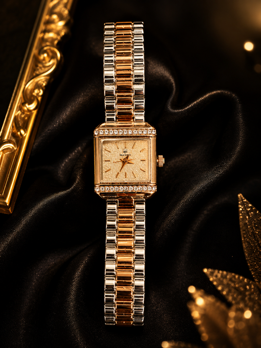 Women’s Rose Gold Rectangular Crystal Watch – Elegant Two-Tone Stainless Steel Bracelet Luxury Wristwatch