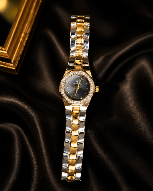 Women’s Two-Tone Gold & Silver Crystal Bezel Luxury Watch – Elegant Stainless Steel Bracelet Wristwatch