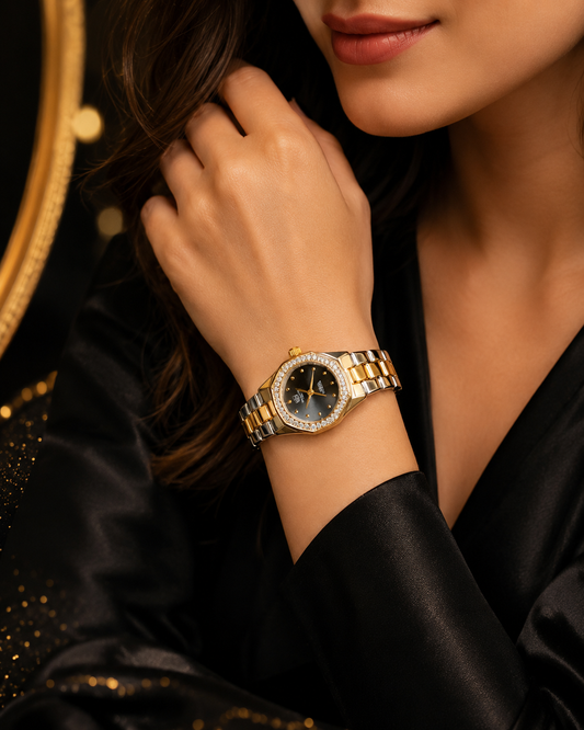 Women’s Two-Tone Gold & Silver Crystal Bezel Luxury Watch – Elegant Stainless Steel Bracelet Wristwatch